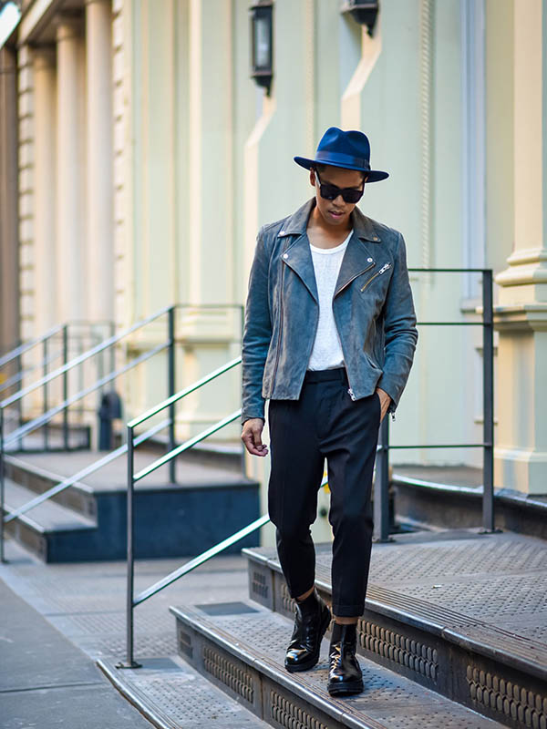 leather jacket with hat