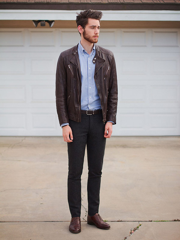 leather jacket with button-up shirt