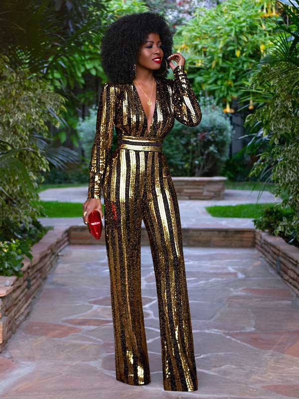 Metallic Jumpsuit with Platform Sandals and Bangle Earrings